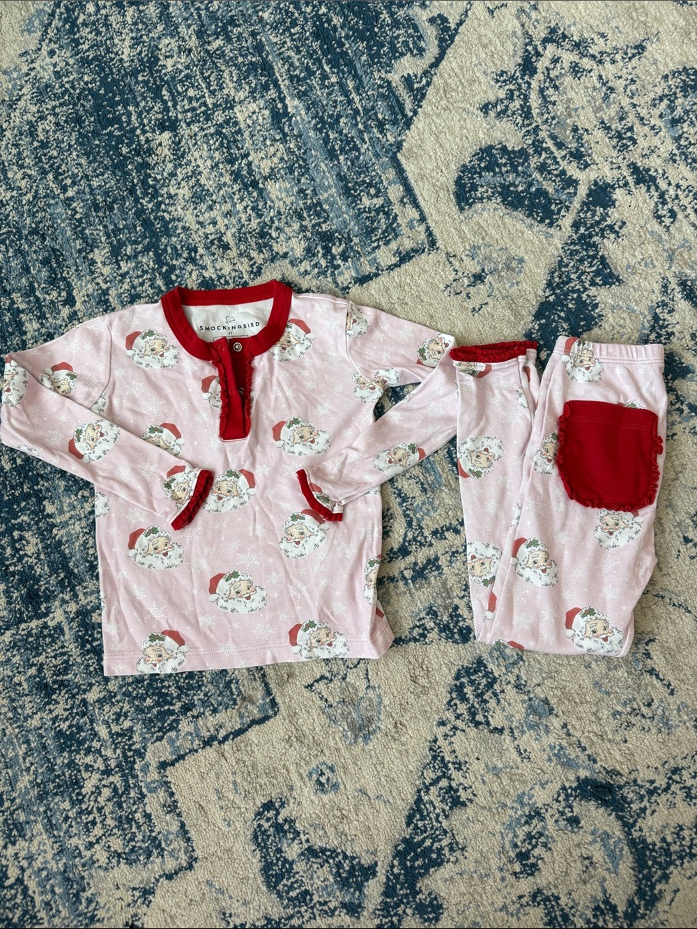 Girls' Pink Santa Print Pajama Set with Red Trim